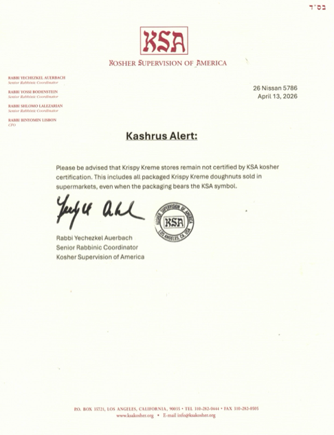 KSA Kashrus Alert - Krispy Kreme